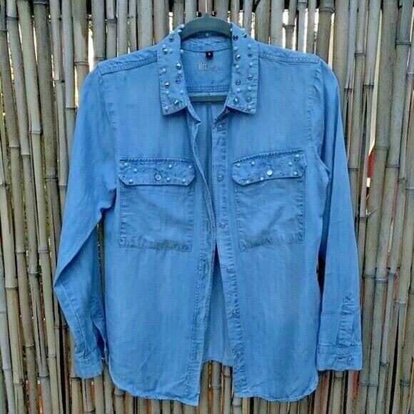 Kut from the Kloth Chambray pearls studded Button Down shirt Sz S Western Cowgir - Picture 1 of 6